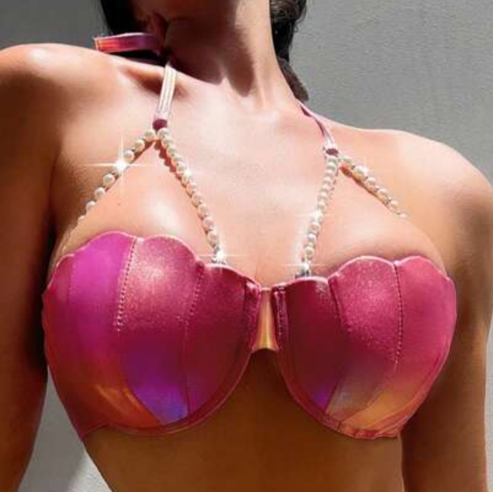 Iridescence Pink Shell Convertible Bikini Top With Pearl Accent Straps NWOT SZ S